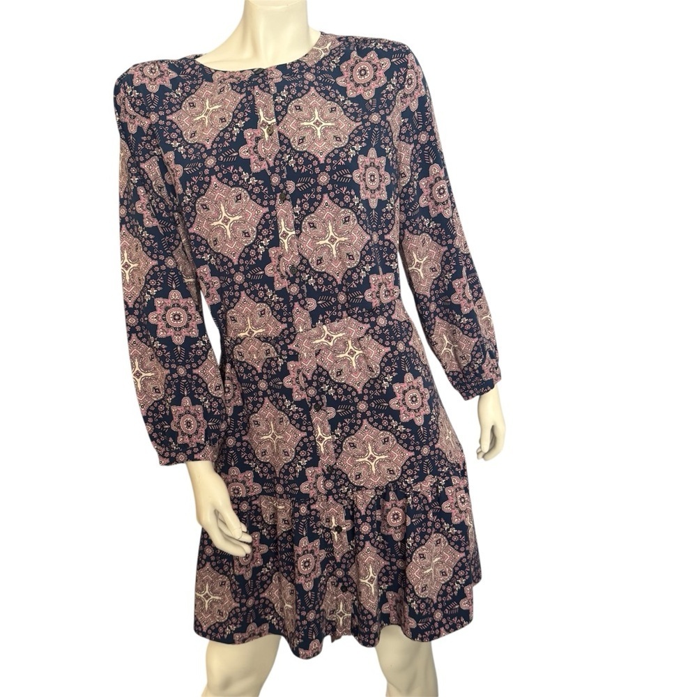 Loft Geometric Button Up Long Sleeve Tiered Shirt Dress
